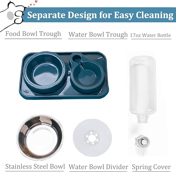 Dog Bowls, Non-Slip Puppy Cat Food and Water Bowl Set with Water Dispenser and Stainless Steel Bowl Detachable Gravity Pet Feeder and Waterer Set for Cats Dogs Puppy Rabbit (Blue, 500ML)