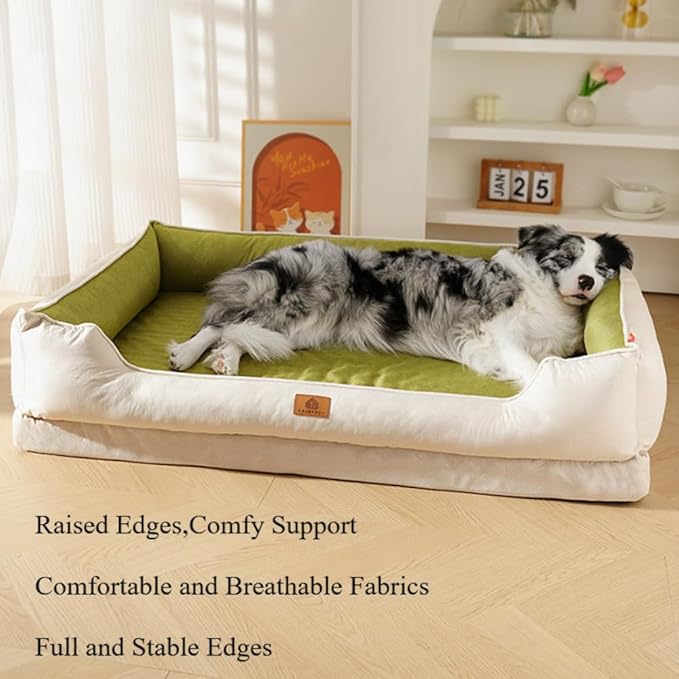 Large Dog Bed with Removable Washable Cover & Bolsters - Waterproof, Non-Slip Pet Sofa for Big Dogs(Green,42 * 28 * 10in)