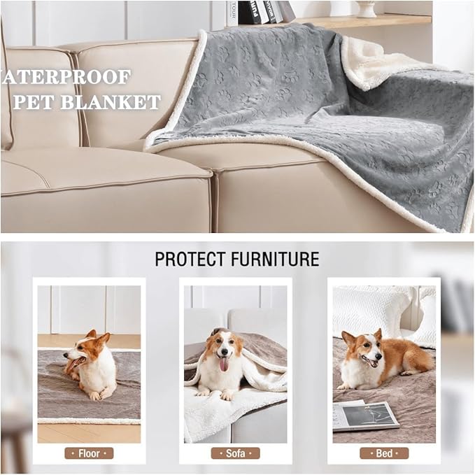 Waterproof Dog Blanket, 60" x 40" Washable Sherpa Fleece Cat Blanket,Pet Puppy Blanket Sofa Bed Furniture Protector,Reversible Soft Plush Blanket for Medium Large Dog