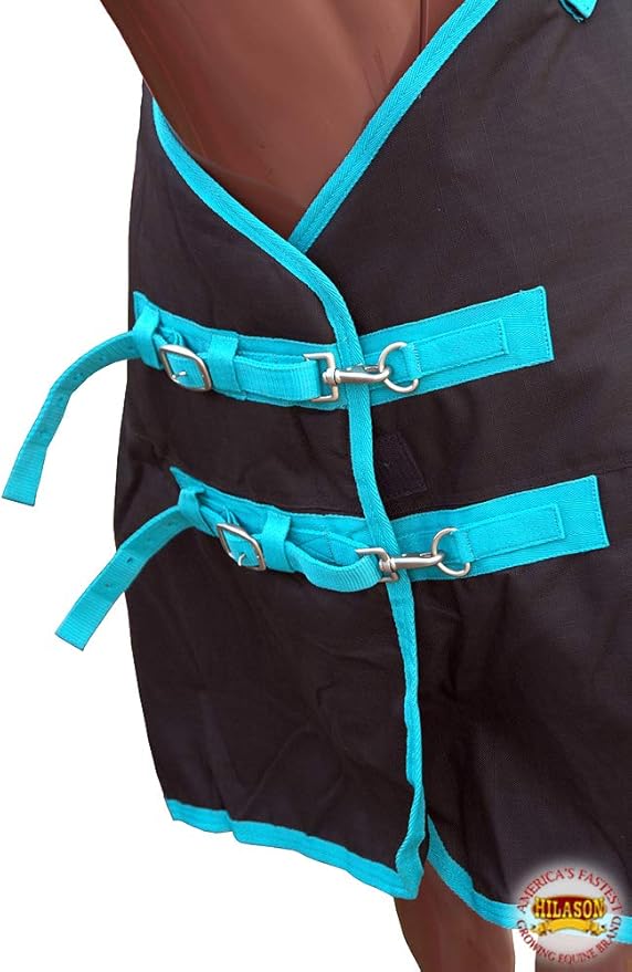 HILASON Black with Turquoise Trims 74 inch 1200D Winter Waterproof Poly Horse Turnout Blanket Belly Wrap