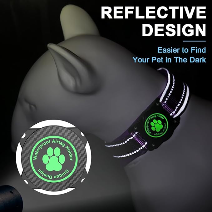 Airtag Dog Collar with Waterproof Air Tag Holder, Luminous Reflective, Soft Padded, Adjustable Nylon Pet Collar for Small Medium Large Heavy Duty Dogs,Purple, M