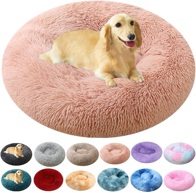 Calming Dog & Cat Bed, 24 Inch Anti-Anxiety Donut Cuddler Cat Bed with Anti-Slip Bottom, Washable Round Fluffy Pet Bed for Small Medium Dogs and Cats (Pink)