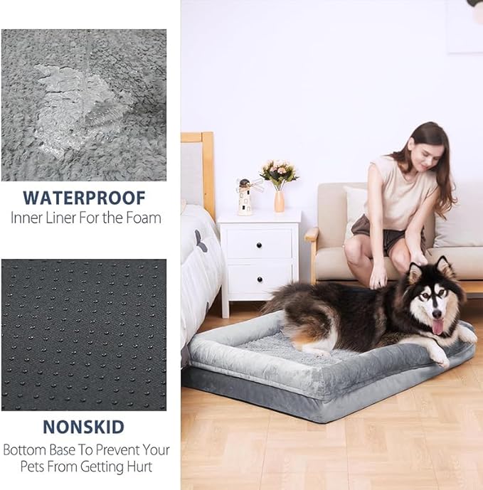 Washable Dog Bed with Plush Cushion – Machine Washable Pet Bed for Medium, Large & Extra Large Dogs – Soft Supportive Indoor Dog Bed