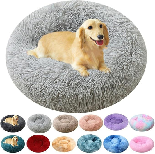 Calming Large Dog Bed & Cat Bed, 43 Inch Anti-Anxiety Donut Dog Cuddler Cat Bed, Warming Cozy Soft Dog Round Bed, Fluffy Faux Fur Machine Washable Pet Cushion for Medium Dogs & Cats (Light Grey)