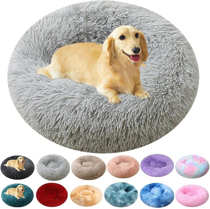 Large Calming Dog Bed, 47 Inch Anti-Anxiety Donut Dog Cuddler Cat Bed, Warming Cozy Soft Dogs Round Bed, Fluffy Faux Fur Machine Washable Pet Cushion for Medium Large Dogs & Cats (Light Grey)