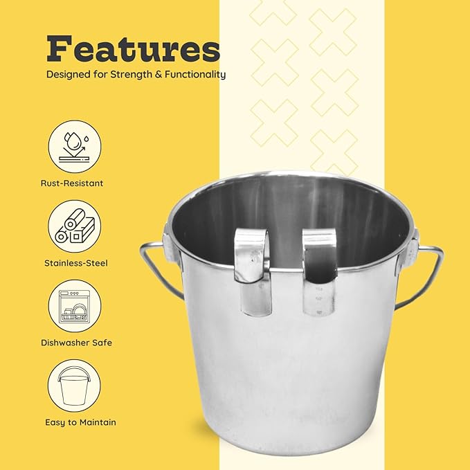6 quart Stainless Steel Flat Sided Bucket with Dual Hooks | 1.5 gal Durable Food & Water Bowl for XL Dog Goat Sheep & Livestock | Fits kennel Cage Critter Crate | Hanging Utility Pet Pail