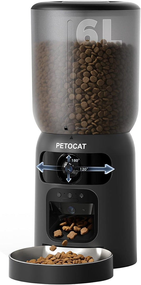AI Cat Feeder with Dual Cameras (1 Adjustable), 2K HD Night Vision, 5G/2.4G WiFi, 6L Automatic Pet Feeder with APP Control, Laser Interactive Toy, Two-Way Audio & Scheduled Feeding