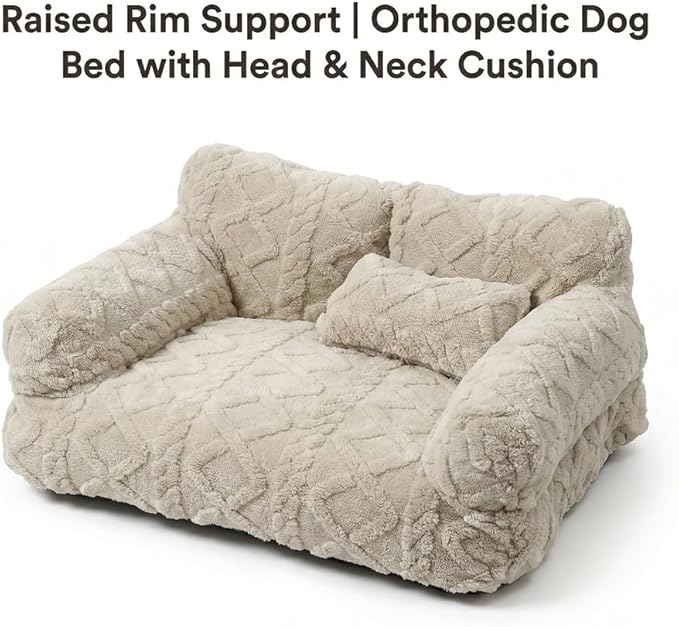 Plush Calming Pet Sofa Bed, Raised Rim, Removable Cover & Non-Slip Bottom for Cats & Dogs, Calming Dog Bed Fluffy Plush Dog Mat for Furniture Protector with Removable Washable Cover (Khaki, Small)
