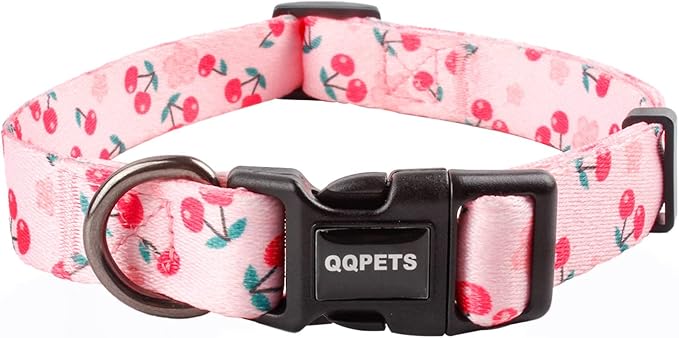 QQPETS Adjustable Soft Dog Collar: Print Flower Pink Multicolor Cute Patterns for XS Small Medium Large Pet Girl Boy Puppy Walking Running Training (L, Sakura Pink)