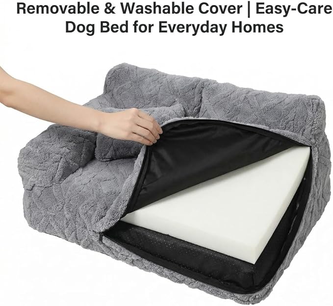 Plush Calming Pet Sofa Bed, Raised Rim, Removable Cover & Non-Slip Bottom for Cats & Dogs, Calming Dog Bed Fluffy Plush Dog Mat for Furniture Protector with Removable Washable Cover (Beige, Small)