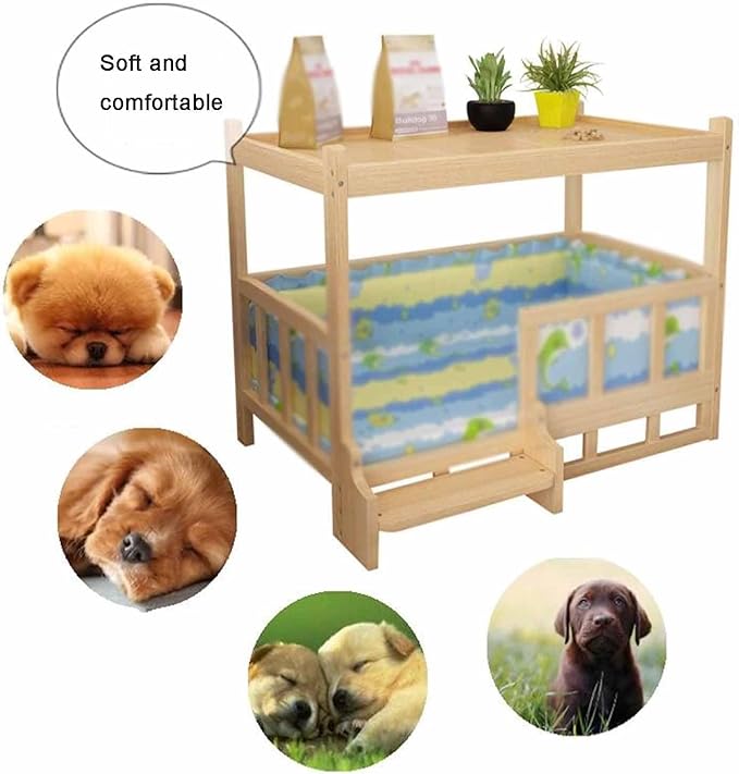 XPLKQXE Dog Bed Wood Platform, Elevated Pet Cushion Bed, Animal Couch with Mattress, Dog Beds & Furniture Rest Cot, Portable Fence Bed Pet Up to 45kg/100lbs(Color:Woody,Size:60x45x65cm)