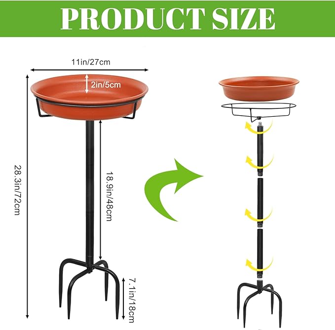 35.5In Freestanding Birdbaths Bowl Outdoor, Standing Garden Bird Bath Bird Feeder Bowl with Metal Stake, Detachable Decoration Spa Birdfeeder for Garden Patio Yard Lawn, 4 Spiky Feet (B)