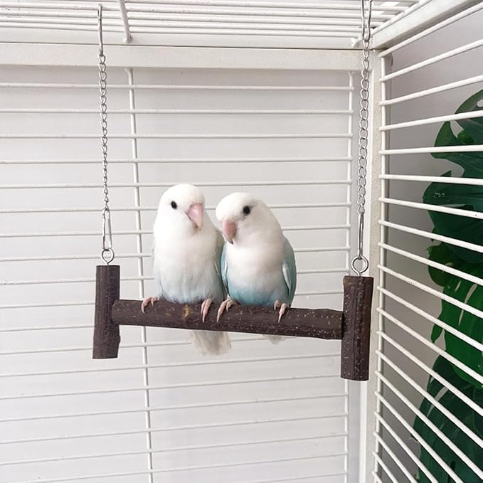 Natural Wood Parakeet Swing Toy, Cockatiel, Lovebird, Budgie Wooden Perch Stand, Small and Medium Bird Cage Accessories (Small)