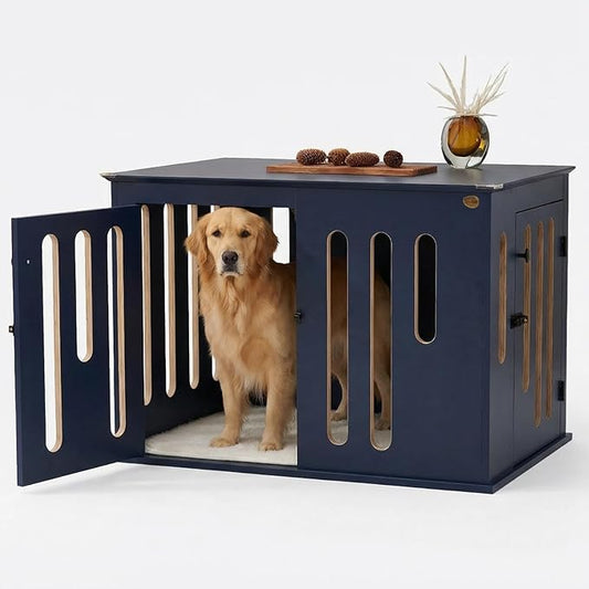 Elegant Heavy-Duty Dog Crate Furniture for Large Dogs - 40-inch Blue Multi-Layer Solid Wood tv Stand with 2 Quick-Release Doors, Stylish Indoor Dog Kennel or cage