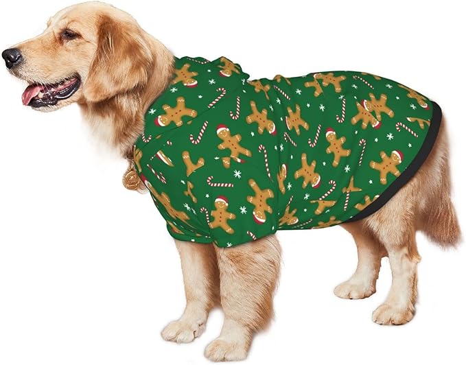 Green Christmas Gingerbread Men Candies Hoodie,Christmas Cosplay Dog Clothes with Pocket and Hat Winter Clothes Sweaters X-Small