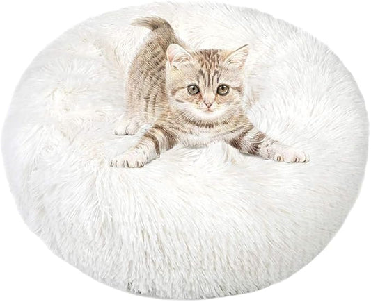 otoez Kitten Puppy Bed Extra Small XS Round Dog Cat Beds Anti Anxiety Plush Pet Calming Donut Bed with Non-Slip Waterproof Bottom, Washable (15.7", White)