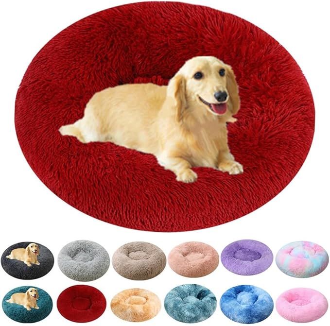 Dog Bed & Cat Bed for Small Medium Dogs, 27 Inch Calming Dogs Bed Anti-Anxiety Machine Washable Fluffy Luxury Anti-Slip Waterproof Pet Puppy Round Bed (Red)