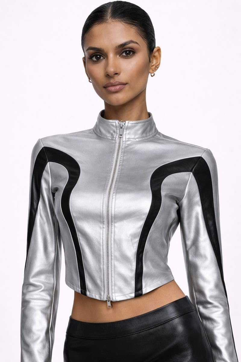 QVA Metallic Crop Jacket, Silver with Black Contrast Panels, Zip-Up Front, Cropped Fit (US, Alpha, Medium, Regular, Regular)