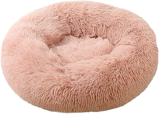 Calming Faux Fur Dog Beds Calming Donut Cuddler Dog Bed Washable Round Cat Bed Pillow Cuddler Fluffy Indoor Dog Calming Beds with Anti Slip Bottom Solid Color Peach Pink 27 Inch