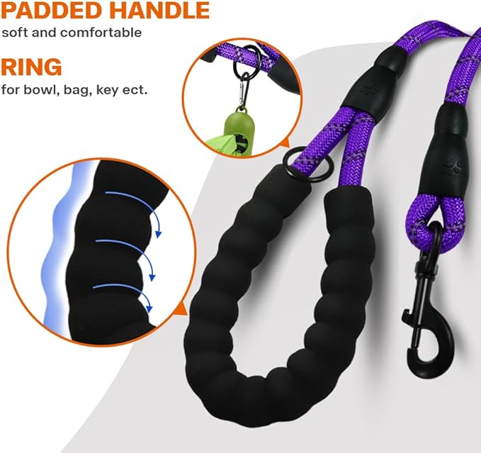 Taglory Rope Dog Leash 5 FT with Comfortable Padded Handle, Highly Reflective Threads Leash and Anti-Tangle Clip for Walking Small Dogs, 3/8 inch, Purple