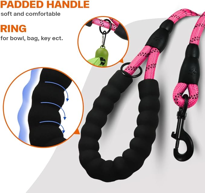 Taglory Rope Dog Leash 5 FT with Comfortable Padded Handle, Highly Reflective Threads Leash and Anti-Tangle Clip for Walking Medium Large Dogs, 1/2 inch, Pink