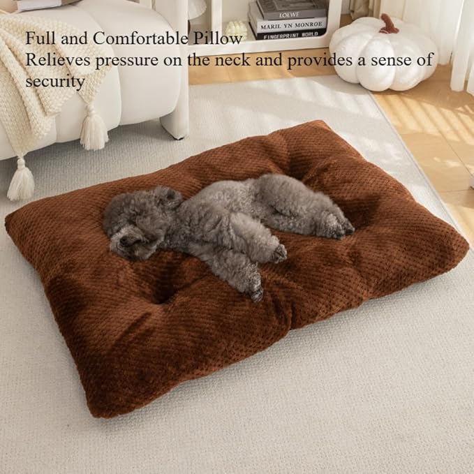 Washable Dog Bed for Large Breeds, Extra Cushioned Crate Mattress with Removable Fluffy Cover, Non-Slip Orthopedic Pet Pad, Machine Washable Kennel Mat(Coffee,S)