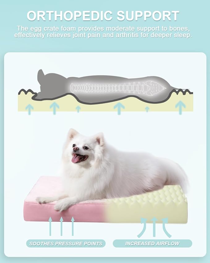 KSIIA Orthopedic Dog Bed Waterproof Dog beds for Medium Dogs Deluxe Plush Washable Pet Mat with Egg Crate Foam & Removable Cover, 29 x 18 Inch, Pink