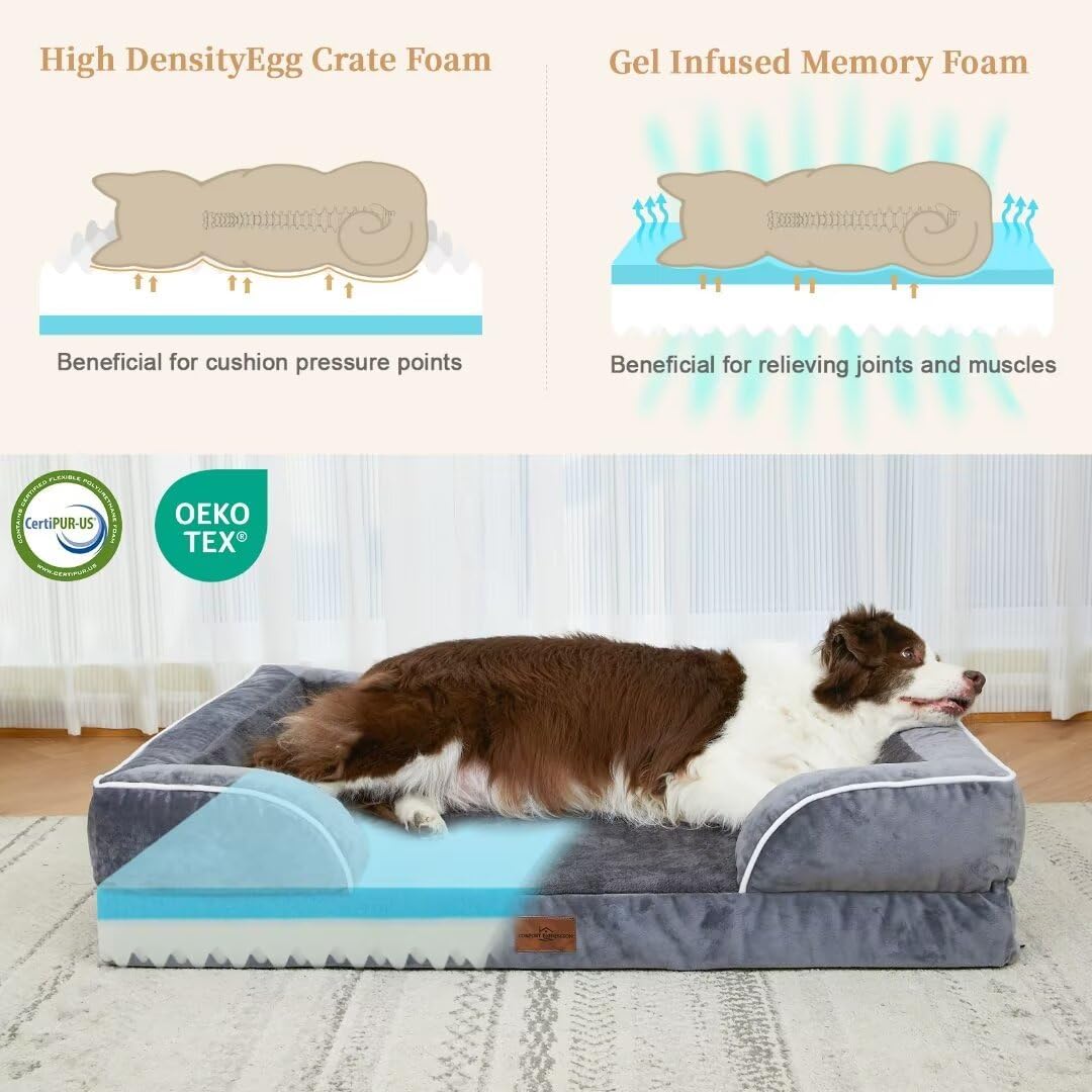 Comfort Expression Cooling Dog Bed, Memory Foam Orthopedic Dogs Beds for Extra Large Dogs, XL Dog Bed with Removable Cover, Waterproof Pet Beds Large with Bolster(X-Large,Leaden Grey)