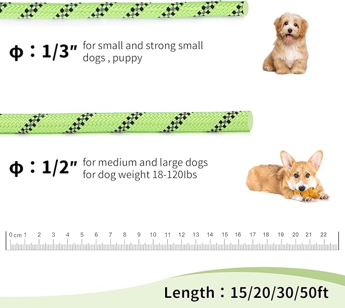 Long Dog Leash for Training 50Ft-Reflective Nylon Rope with Swivel Hook-Recall Agility Lead for Large Small Medium Dogs Outside Walking Hiking-Green Diam 1/2"