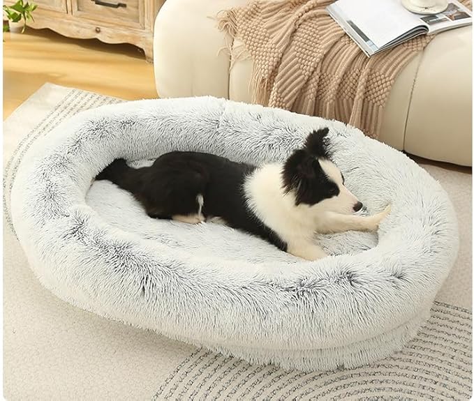 Glow Pups Calming Dog Bed, Memory Foam Bolster, Luxurious Faux Fur, Cozy Oval Design, Machine Washable Cover, Light Grey (41.3 x 29.5 x 9.8)