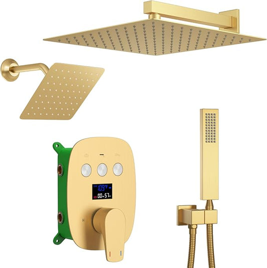 Brushed Gold Shower System Set Temperature Display Push Button Shower Faucet with 12 inch and 8 inch Wall Mount Full Body Shower Head and Handheld Shower