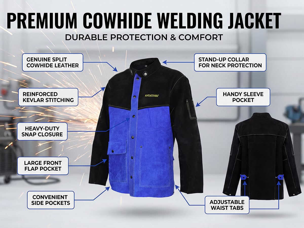 ANTAITHER Leather Welding Jacket Heat Flame Resistant Coat, M
