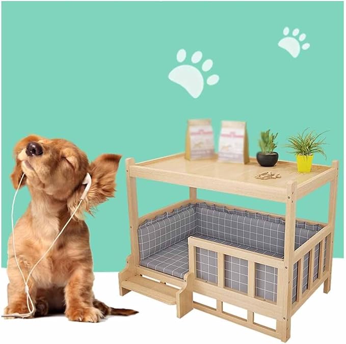 XPLKQXE Dog Bed Wood Platform, Elevated Pet Cushion Bed, Animal Couch with Mattress, Dog Beds & Furniture Rest Cot, Portable Fence Bed Pet Up to 45kg/100lbs(Color:Gray,Size:45x30x60cm)