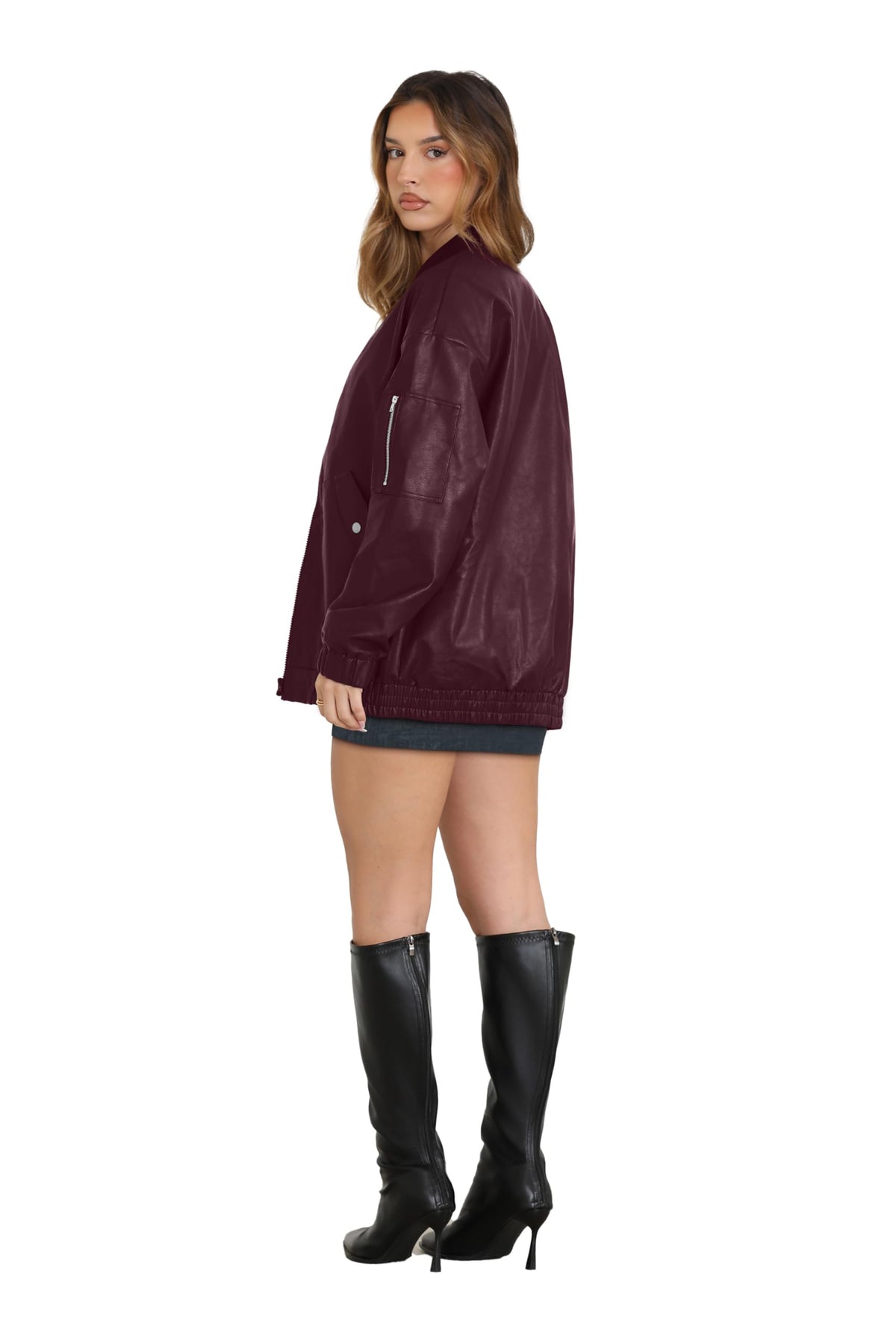 XIEERDUO Leather Jacket Women Faux Oversized Motorcycle Bomber Coats 2025 Fall Fashion Outfits Winter Clothes Burgundy M