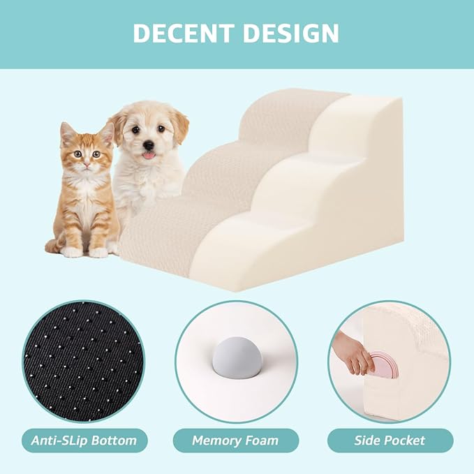 Dog Stairs for Small Dogs 15" H, 3-Step Dog Steps Ramp for Couch Sofa and Chair with Anti-Slip Washable Cover and Durable High Density Foam, Pet Stairs for Cats, Beige