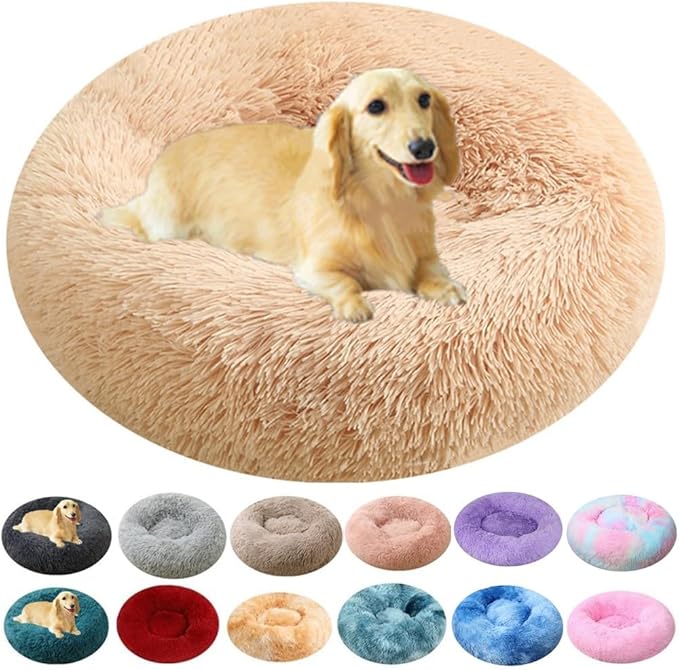 Calming Donut Dog & Cat Bed, 36 Inch Round Fluffy Dog Beds for Small Medium Large Dogs and Cats Anti-Anxiety, Puppy Bed, Washable Round Cozy Soft Pet Bed (Yellow)