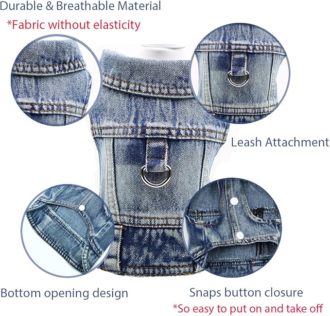 Puppy Clothes for Small Dogs Boy,Classic Western Denim Dog Coat,Dog Jeans Jacket with Leash D-Ring,Pet Cat Costumes,Cooling Harness Vest for Walking (Blue, X-Large)