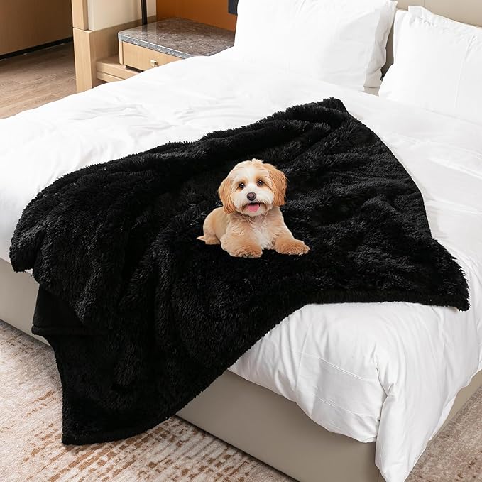 Black Calming Dog Blankets Waterproof Pet Blanket for Dogs 40x28in Puppy Cats Fluffy Long Faux Fur Throw Blankets for Couch Protector Love Bed Cover Washable(Black,S)