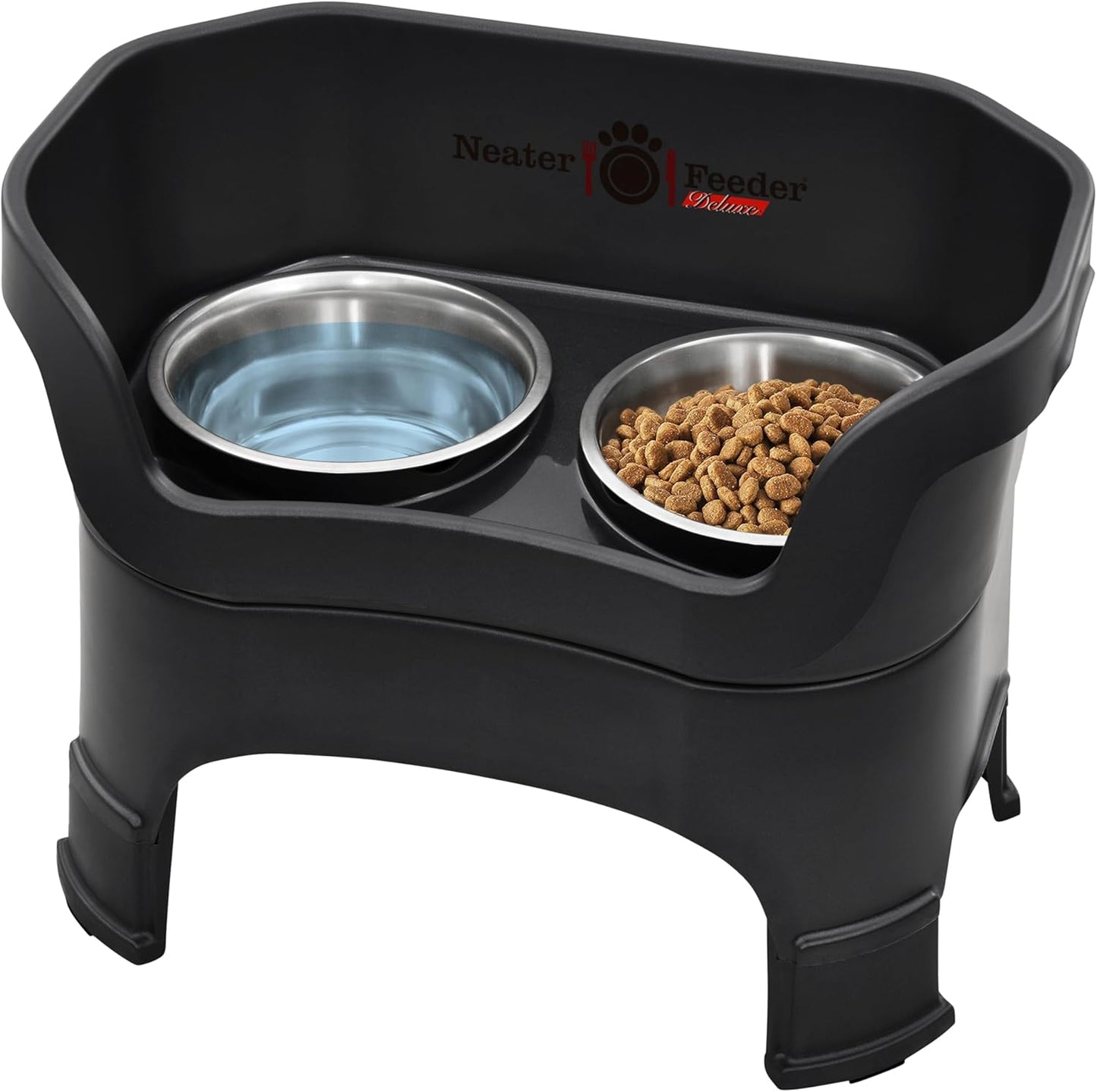 Neater Feeder Deluxe Mess Proof Dog Bowls Elevated for Large Dogs – Made in USA – No Spill Raised Dog Food Bowl Stand w/Leg Extensions – Stainless Steel Dog Food and Water Bowl Set – Black