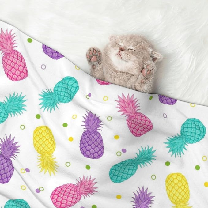 Reversible Plush Throw for Dogs and Cats, Colorful Tropical Summer Pineapple Print, Double Sided Blanket with Nubby Dot Side and Sleek Side Ideal for Cuddling Nesting Security