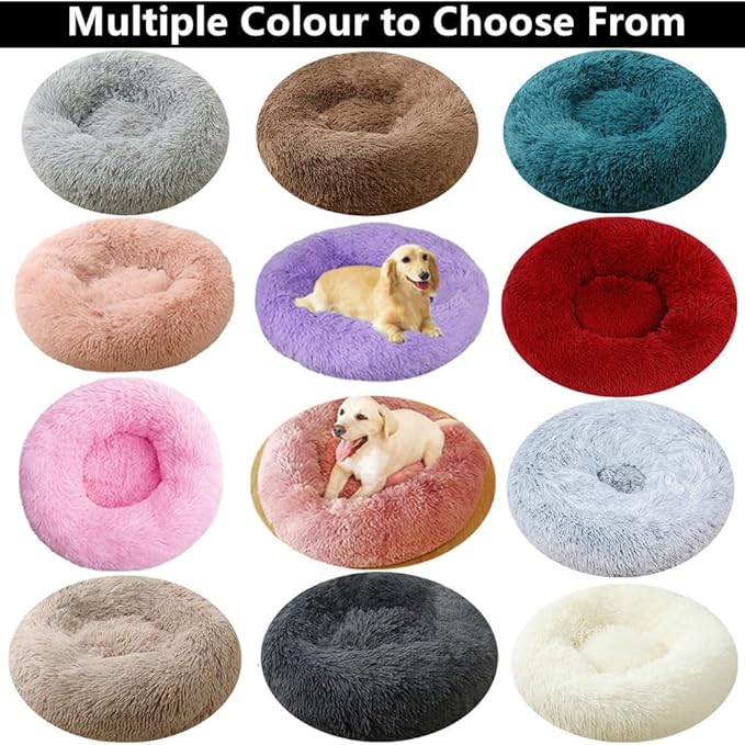 Calming Large Dog Bed & Cat Bed, 43 Inch Anti-Anxiety Donut Dog Cuddler Cat Bed, Warming Cozy Soft Dog Round Bed, Fluffy Faux Fur Machine Washable Pet Cushion for Medium Dogs & Cats (Coffee White)
