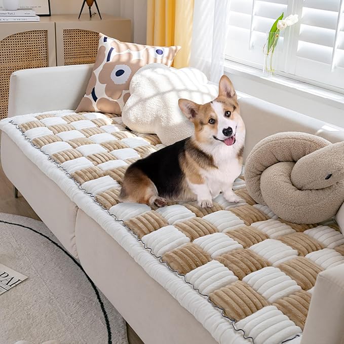 FunnyFuzzy Cream-Coloured Plaid Square Pet Mat Bed Couch Cover, Winter Thickened Dog Bed Cover Pet Blanket Sofa Couch Furniture Protector for Kids Dog Cat(Size:27.6 * 70.9 in,Color:Brown)