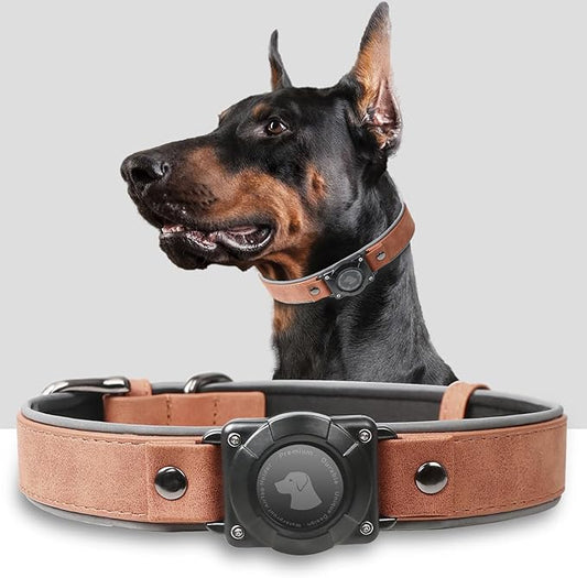 AirTag Dog Collar - Leather Dog Collar with Air Tag Holder | IPX8 Waterproof, Reflective, High - End, Adjustable Soft Padded | Dog GPS Tracker Collars Fit for Medium Large Dogs (Mahogany Brown, L)