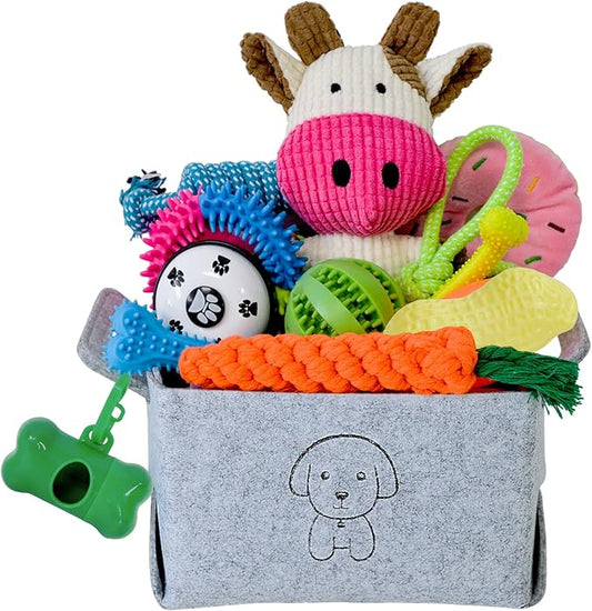 20Pcs Puppy Chew Toys for Teething, Dog Chew Toys with Rope Toy, Pet Dog Toothbrush, Treat Balls, Plush Toys and Squeaky Toys for Small Medium Dogs with Basket