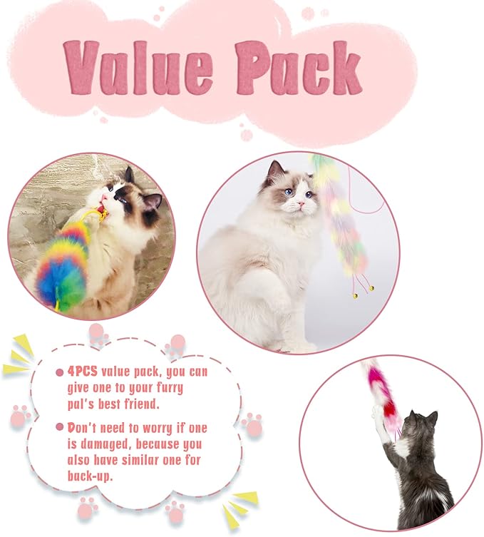 4 Pack Cat Wand Toy, Rainbow Cat Feather Toys with Bells, Teaser Wand with Soft Furry Tail, Interactive Toys for Indoor Cats & Kitten & Kitty