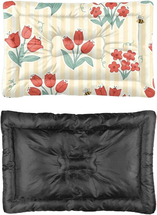 Red Floral Yellow Striped Dog Beds & Furniture Dogbed Mat Machine Washable Dog Crate Pads Crate Bed Washable Non-Slip Puppy Bed for for Small Dogs Mat Pillows Indoor Outdoor 24X18 Inch