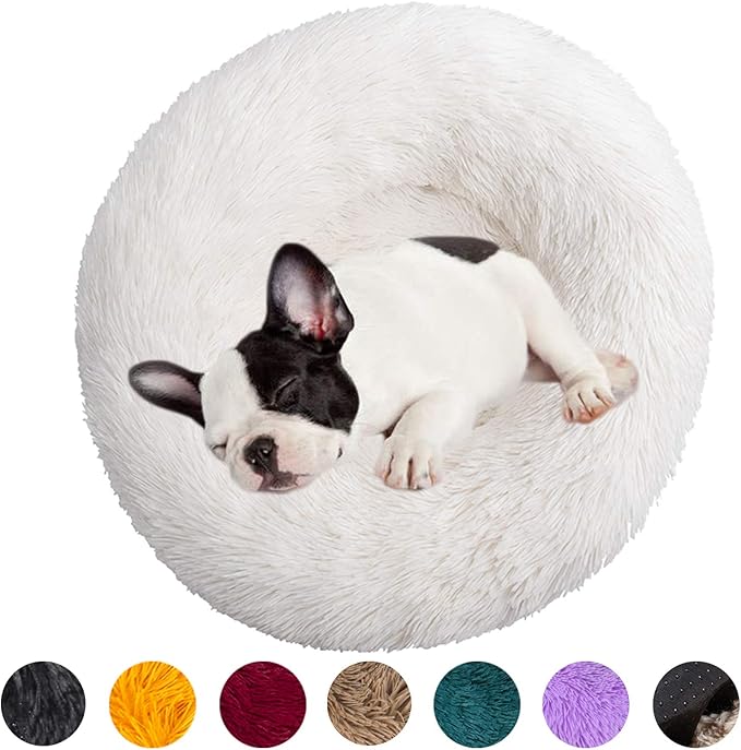 huraty Plush Dog Bed Pet Calming Fur Bed, Fluffy Donut Round Cat Beds, Anti-Slip & Anti-Anxiety, 16 Inch for Puppy and Kitties, White, XS