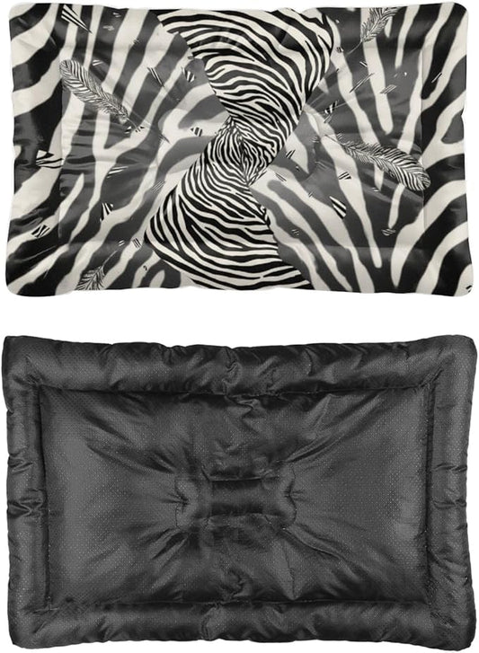 Zebra Print Feathers Dog Beds & Furniture Mattress for Dog Washable Kennel Pad Bed for Medium Crate Washable Non-Slip Crate Bedding Medium Bed Cute Mat Cushions Indoor Outdoor 36X24 Inch