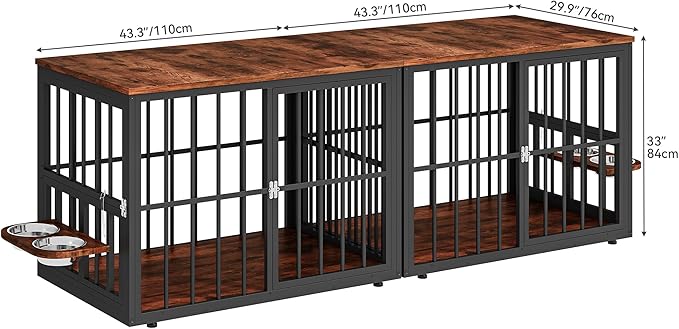 88.6" Large Dog Crate Furniture, Wooden Dog Kennel with Bowls & 3 Doors, Double Crate Furniture TV Stand for Medium Large Dogs, Brown