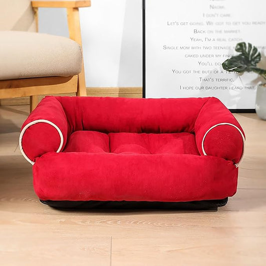 Suede Sofa Dog Bed, Multiple Sizes Orthopedic Memory Foam Mattress, Durable and Calming, Washable Dog Bed with Anti-Slip Bottom L brightRed